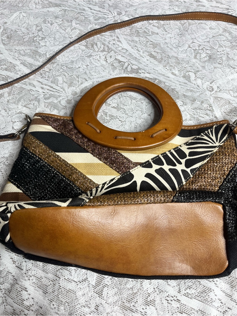RELIC Canvas Patchwork Satchel Handbag with Wood Handles - Picture 6 of 10